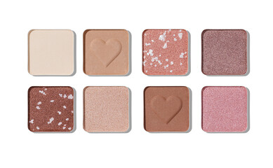 Top view set of eye shadow natural neutral swatches isolated with translucent shadow, in metal square package. Close up matte and shiny eyeshadow with colored powder for makeup, pastel beige gradient
