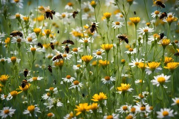 Create a serene meadow filled with wildflowers and buzzing bees.