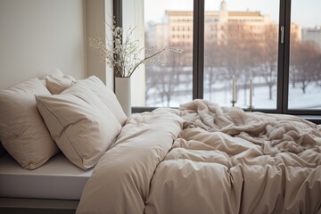 Bed with a lovely airy beige blanket, with copy space on a blank wall