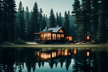 lakeside cabin surrounded by towering pine trees.