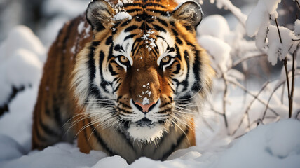 Fototapeta na wymiar A solitary Siberian tiger on the prowl for food as it walks through snow. 