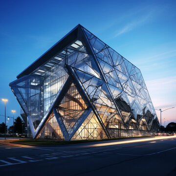 wider structural building in new modern shape with steel structure, glass finish, wide structure, no background