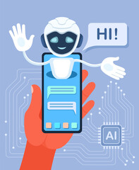 Chat bot, smartphone in hand, artificial intelligence. The concept of using and developing a chat bot with artificial intelligence for business, ai brain. Vector banner, poster in blue color