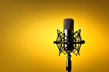 Close up of a modern microphone against yellow background. - obrazy, fototapety, plakaty