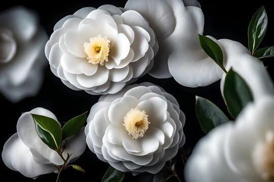 white camellia blossom macro with green leaves on black background with elegant shape.