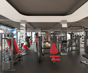 gym fitness workout center interior view, 3d rendering