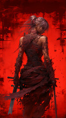 Anime Female Warrior in Back Pose on a Bloody Red Background