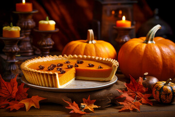 Traditional Delicious and fragrant pumpkin pie with whipped cream prepared for Thanksgiving