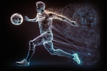 A hologram of a soccer player on a black background. Concept: The future of football and data analysis