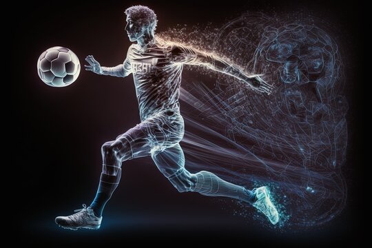 A hologram of a soccer player on a black background. Concept: The future of football and data analysis