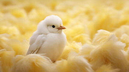 A small yellow chick sits on a bed of white feather