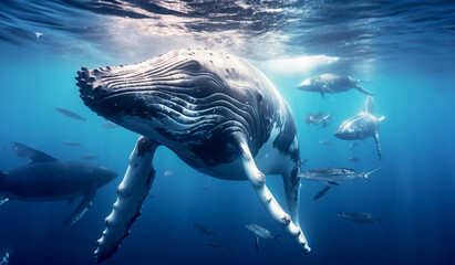Humpback whale swimming under the ocean waves with fish - obrazy, fototapety, plakaty