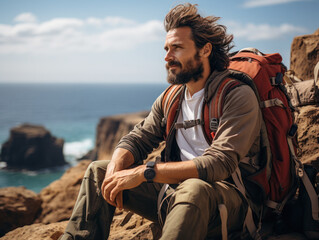 man using laptop on vacation