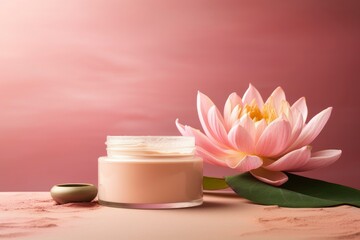 Obraz na płótnie Canvas Pink cream bottle with beauty products lotus flower and leaves on pink background. Natural organic skin care.