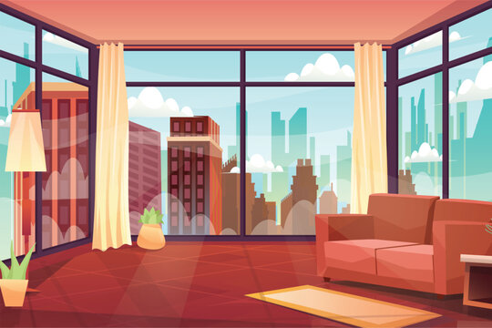 Modern house interior background with living room. cartoon room with furniture, sofa and curtain.