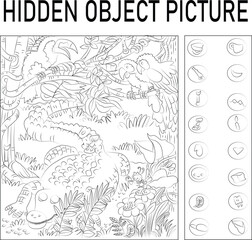 Hidden object picture in the jungle black and white illustrations with background