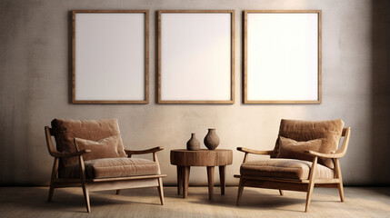 Fototapeta premium Generative AI, Poster frame mockup in beige and brown living room interior, wabi sabi minimalism style