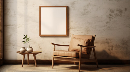 Generative AI, Poster frame mockup in beige and brown living room interior, wabi sabi minimalism style