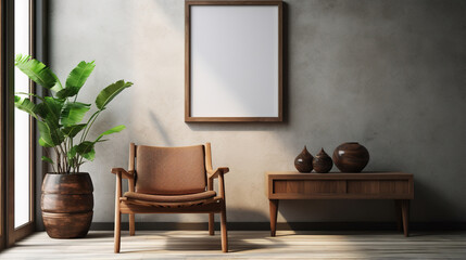 Generative AI, Poster frame mockup in beige and brown living room interior, wabi sabi minimalism style