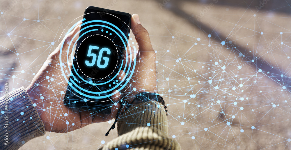 Poster Phone screen, hands and networking hologram for communication or outdoor cellular connectivity. Person, technology and mobile app, digital overlay or data for high speed connection or new generation