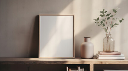 Generative AI, Poster frame mockup in beige and brown living room interior, wabi sabi minimalism style