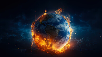 Earth planet burning in flames on dark background. Concept of the end of the world and global warming.