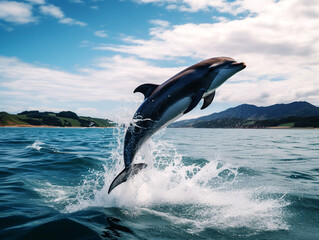 Fototapeta premium Single bottlenose dolphin jumping on the water - Beautiful seascape and blue sky