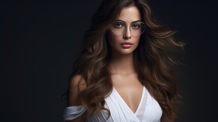 Studio portrait of a beautiful woman with a beautiful hairstyle wearing glasses, close-up on a dark background