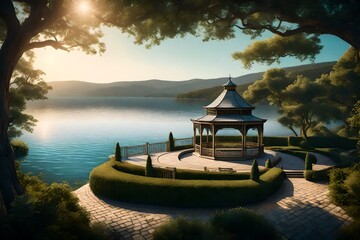 Create an AI-generated illustration of an elegant, vine-covered gazebo overlooking a scenic lake