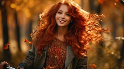 Obraz na płótnie Canvas Portrait of a beautiful happy red-haired young woman on a bicycle in the autumn forest.