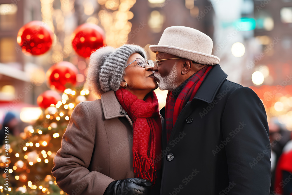 Wall mural Happy African American couple kissing at Christmas street fair. Festive city with glowing garlands