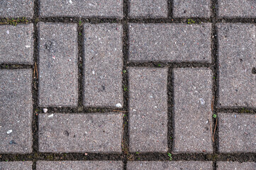 Fragment of a rectangular stone paved sidewalk, with soil between the paving stones, for use as an abstract background and texture.