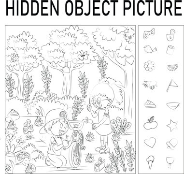 Hidden object picture in the garden black and white illustrations with background