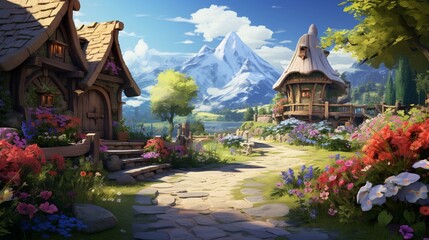 imagine A colorful flower garden in full bloom, with a winding stone pathway leading to a charming hut. . - Powered by Adobe