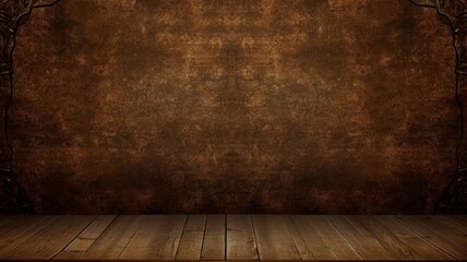 Brown Texture Decorated Stage. Photorealistic modern Theater stage. Horizontal Background. Ai Generated Minimalistic Screen Wallpaper. - obrazy, fototapety, plakaty