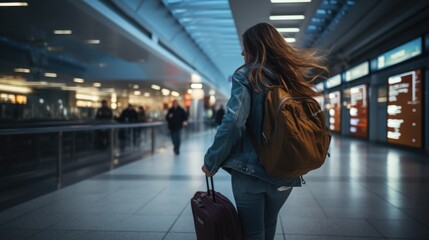 photo of a woman rushing to her flight - obrazy, fototapety, plakaty