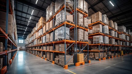 Fototapeta premium Well-organized warehouse with neatly stacked shelves, displaying a wide range of goods. Efficient logistics and inventory management ensure smooth distribution and economic efficiency