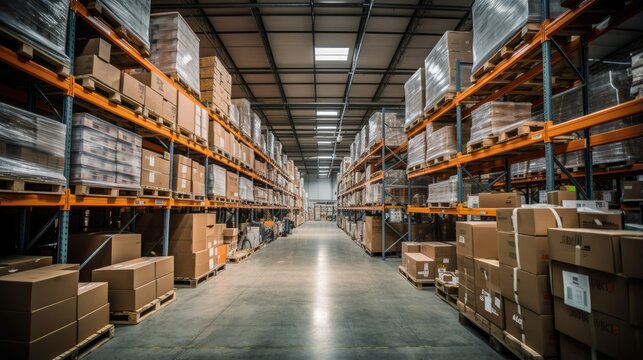 Efficiently organized warehouse with well-lit shelves displaying a wide range of products. Stocked and ready for distribution, optimizing logistics and supply chain management.