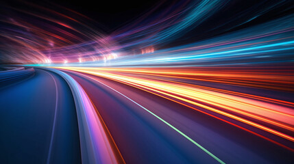 Speed car lights in motion blur. Night city tunnel road lights. Luminous car trails in dynamic long exposure. - obrazy, fototapety, plakaty