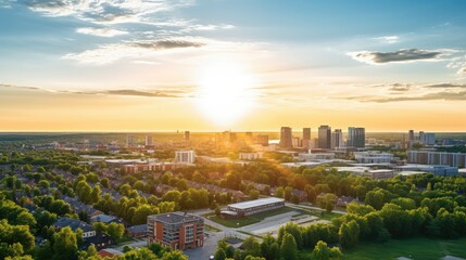 A sustainable city with wind turbines, clean energy, electric vehicles, green spaces, and outdoor activities. Sunset view from an elevated angle showcases urban sustainability and renewable energy