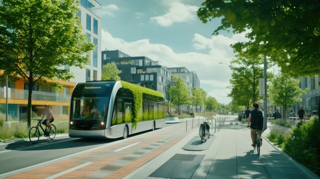 A sustainable city with eco-friendly transportation like pedestrians, cycling, and public transportation. Electric buses and bike-sharing stations. Medium shot, natural lighting and cloudy skies