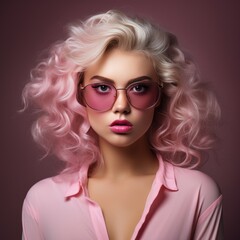 Studio portrait of a beautiful woman with a beautiful hairstyle wearing pink glasses, close-up on a dark background