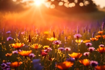 A photorealistic 3D rendering of an inspirational nature close-up of a sunset floral meadow field with beautiful bokeh blurred lush foliage.