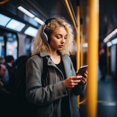 a young girl rides the subway and listens to music on headphones - obrazy, fototapety, plakaty