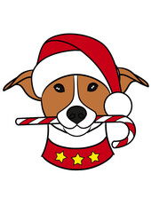 cute dog with christmas hat and candy cane, cartoon illustration