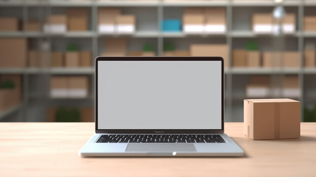Laptop computer mockup blank white screen on desk. business website concept.