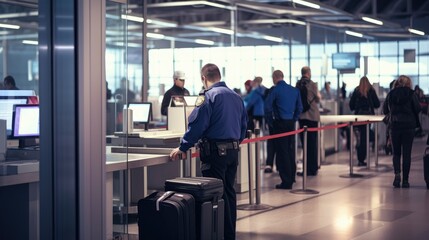 Airport security checkpoint with bright fluorescent lights and a harsh atmosphere. Security personnel inspect passengers' belongings. Neutral and desaturated colors  - obrazy, fototapety, plakaty