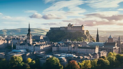Naklejka premium Edinburgh, Scotland: A breathtaking cityscape with historic landmarks, vibrant architecture, and a picturesque skyline. This iconic capital is a must-visit destination for its rich culture, heritage,