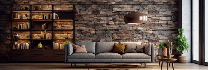 Room with a decorative background grey stone wall wooden decor and a brown parquet floor.