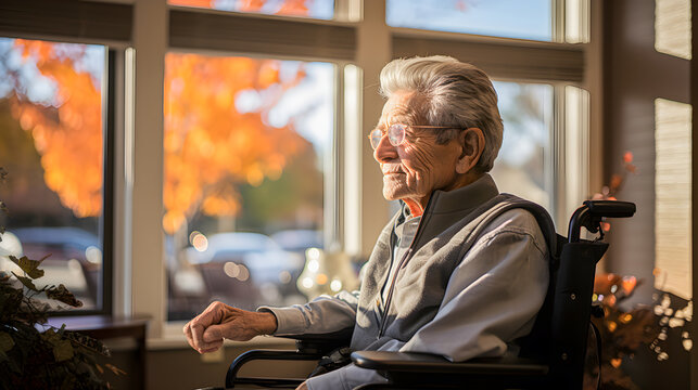 Lonely And Sad Older Man In A Wheelchair Looking Out The Window.